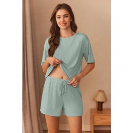 Ekouaer Ribbed Knit Lounge Set Women Pajama Set Short Sleeve Top and Shorts Set Two Piece Shorts Outfits Set Light Green