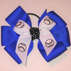 Softball Hair Bow with six Loops, Royal, White Pony Band