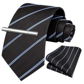 HISDERN Men's Necktie, Business Necktie, Pocket Square, Tie Clip, 3-Piece Set, Formal Necktie, Job Hunting, Graduation Ceremony, Father's Day Gift, 06 brown (stripe)