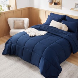 Bedsure Navy Bedding Sets Queen - 7 Pieces Solid Queen Bed in a Bag, Queen Bed Set Navy with Comforters, Sheets, Pillowcases & Shams