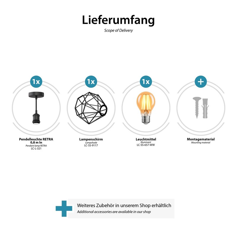 ledscom.de Retro Vintage Pendant Light Black Cage Shade + LED
