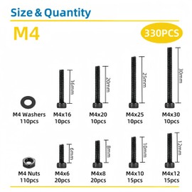 WZHUIDA 330 Pcs M4 Screws Assortment Kit, M4x6mm/8mm/10mm/12mm/16mm/20mm/25mm/30mm, Metric Hex Socket Head Cap Screws Nuts Washers Kit with Wrench, Black Zinc Plated