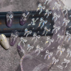 Aurora Bow Nail Art Sticker 3D Self-Adhesive Laser Bow Star Nail Decals Holographic Flash Bowknot Ribbon Nail Sticker for Women Girls DIY Manicure Tip Decoration Accessories Supplies 1 Sheet