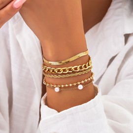 Gold Bracelet for Women Trendy Pearl Bracelet Bangles for Teen Girl Gifts Layered Gold Chain Bracelet Gifts for Girlfriend Sister Mother Aunt
