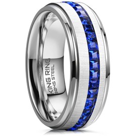 King Ring 8mm Stones Line Ring – Extra Polished Stainless Steel Mens Ring with Glass Stones Basic Wedding Band K36V2 – Silver Blue 12