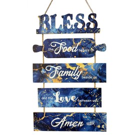 PURREITTI Bless the Food Before Us Sign, Farmhouse Kitchen Signs Wall Decor, Rustic Dining Room Art Wall Decor, Blue Country Wall Plaques, Vertical Wall Hanging Wood Sign for Living Room Bedroom