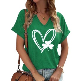 TIXOM TIXOM St Patrick's Day V Neck Shirts for Womens Funny Lucky Shamrock Heart Graphic Tee Cute Clover Short Sleeve Tops(M,B-Green-8)