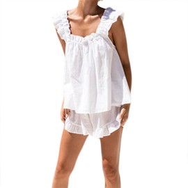 FeMereina Women's Summer 2PCS Pajamas Sets Sleeveless Ruffle Backless Crop Tank Top + Solid Color Ruffle Shorts Lounge Pajama Set Sleepwear (White, L)