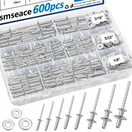 smseace 600Pcs Stainless Steel Pop Rivets with Washer Assortment Kit 8-Sizes Stainless Rivets(1/8Inch 5/32Inch 3/16Inch) for Metal,Furniture,Automotive,Instruments