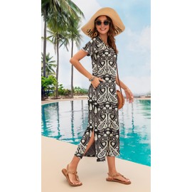 MISFAY Women Summer Midi Dresses Casual Loose Short Sleeve Dress Split Maxi Beach Sundress Travel Vacation Dress with Pockets