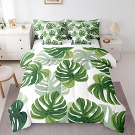 Palm Leaf Bedding Set Hawaii Tropical Comforter Set 7 Pieces Queen Kids Green Botanical Plants Leaves Sheet Set With Comforter,Hawaii Plant Summer Decor Bed In A Bag for Women Men Adults Room Decor