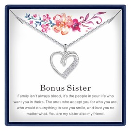 LOLA CLORIS Unbiological Sisters Gifts Unbiological Sister Necklace Bonus Sister Gifts for Women Sterling Silver Bonus Sisters Necklaces Cubic Zirconia Heart Necklace for Women