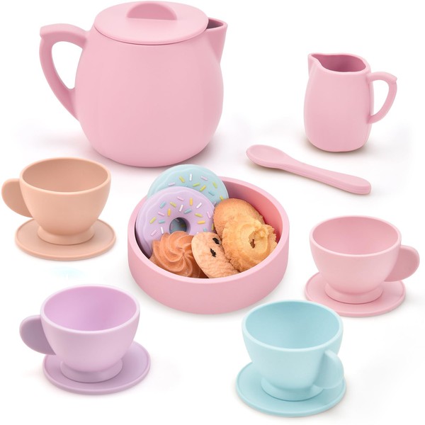 Lorfancy 20 Pcs Silicone Tea Party Set for Little Girls Kids Toddlers Tea Set with Tea Pot Cups Food Pretend Play Kitchen Accessories Christmas Birthday Gift for Girls Age 2 3 4 5 6 Year Old Toys