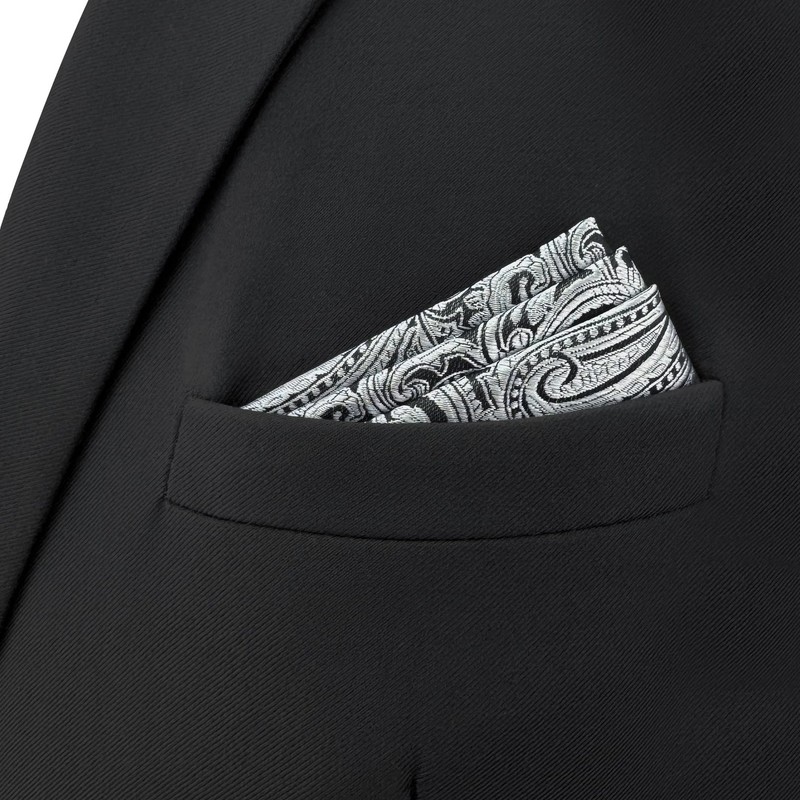 SHLAX&WING Men's Silver Black Paisley Silk Pocket Square, 12.6 x