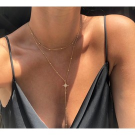 Tewiky Lariat Necklace for Women, Long Chain, Drop & Layered Designs, Dainty Non-Tarnish Necklace GD3C