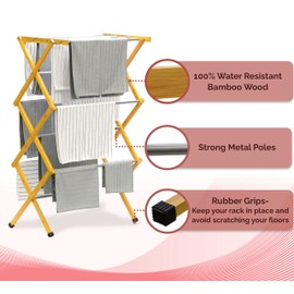 Morvat Premium Wooden Folding Clothes Drying Rack with Metal Poles, Fully Assembled, Anti-Slip Grips, Adjustable Height, 11 Poles with 23FT of Drying Space for Laundry, Collapsible