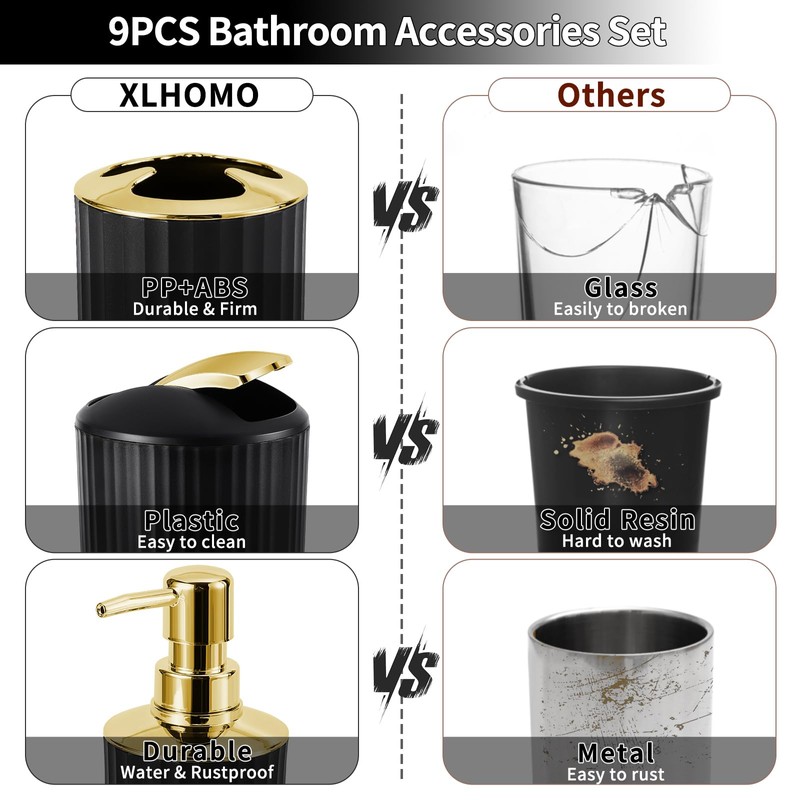 XLHOMO 9PCS Black and Gold Bathroom Accessories Set Complete with