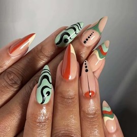 Almond Press on Nails Pointed Head Fake Nails Colore Graffiti Full Cover Acrylic Nails 24Pcs Medium Length Glue on Nails Funny Abstract Painting Design False Nails for Manicure Art