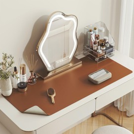 DAWNTREES Makeup Mat for Vanity,27.6"x13.8",Dual-Sided Leather Vanity Mat, Easy to Clean, Waterproof and Oilproof,Desk Pad Mat to Protect Vanity(Brown - White)
