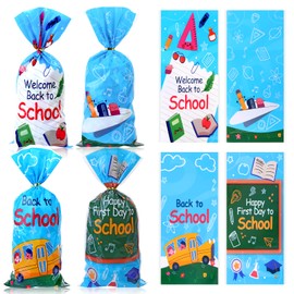 HOWAF 100pcs Back to School Cellophane Bags, Happy First Day of School Candy Bags with Twist Ties for Back to School Party Favor Supplies, Welcome Back to School Goodie Bags, Back to School Clear Plastic Gift Bags