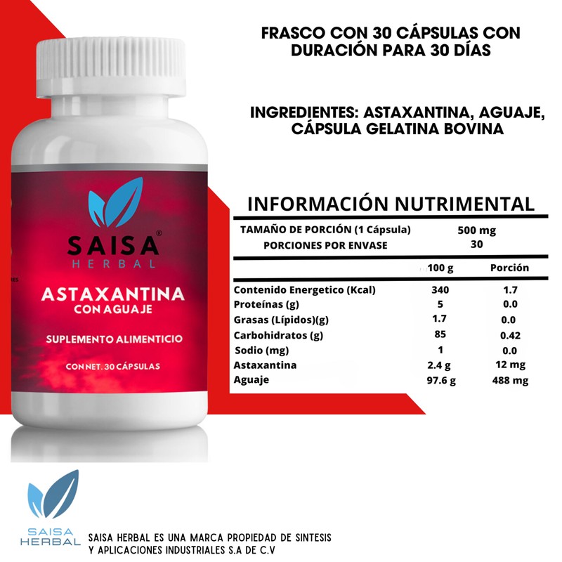 Astaxantina 12 Mg 30 Cápsulas Con Aguaje Saisa Herbal