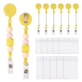 FASHEWELRY 10 Pcs Yellow PVC Beaded ID Badge Holder with Retractable Clips for DIY ID Badge Name Badges