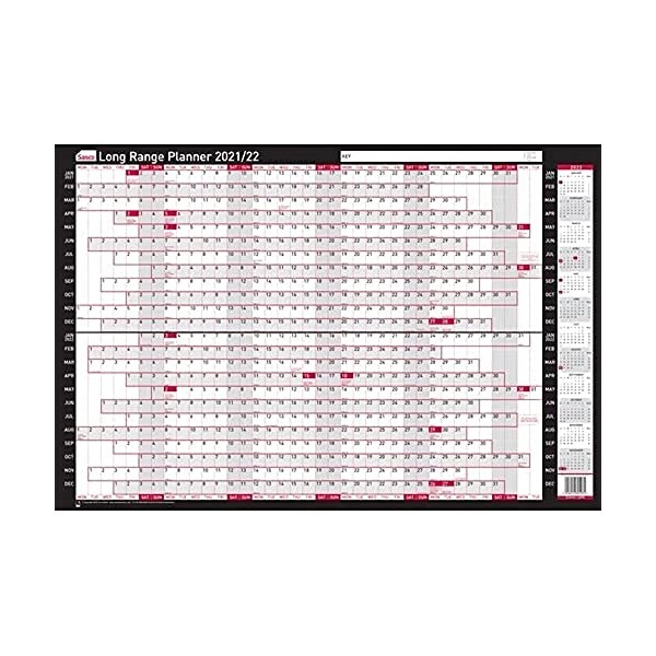 Sasco 2021/22 Long Range 2 Year Wall Planner with Wet Wipe Pen & Sticker Pack, Black & Red, Board Mounted, 915W x 610H mm, 2410144