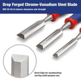 WORKPRO Wood Chisel Set, 3 Pieces Wood Carving Chisels 1/2"(12mm), 3/4"(19mm), 1"(25mm), Cr-V Bevel Edge Chisels with Steel Hammer End and Non Slip Handle for Woodworking, Wood Carving and Sculpting