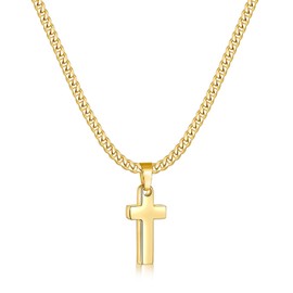 Fiusem Gold Plated Cross Necklace for Men, Mens Cross Necklaces with 3.5mm Chain and Stainless Steel Tiny Pendant, Cuban Chain 22 Inch