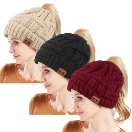 WharFlag Ponytail Toque for Women – Knitted Winter Hats Stretch Ponytail Beanie Hat Messy Bun Hat Slouchy Beanies for Women