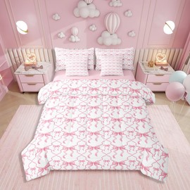 Erosebridal Pink Bow Bedding Set for Kids Teen Women,Cute Ribbon Bowknot Full Bed in A Bag 7 Pcs for Girls Kawaii Watercolor Bow Comforter Set,Pink White Princess Bowknot Bed Set