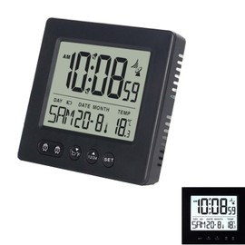 GOMETY Digital Radio Alarm Clock with Thermometer Calendar Light, Temperature Radio-Controlled Clock Week Date Display Two Independent Alarm Times Automatic Setting Summer / Winter Time Travel Alarm