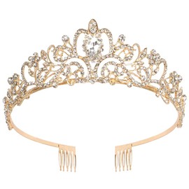 Moonight Wedding Crown for the Bride, Rhinestone Princess Tiara for Women, Prom Queen / Pageant / Bridal, Handmade Hair Accessories, Rose Gold Crown (Golden Crown, Earrings and Necklace - 3-Piece Set).