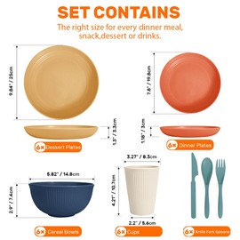 Wheat Straw Dinnerware Sets for 6 (42pcs), SGAOFIEE Unbreakable Dinnerware Set, Kitchen Plates and Bowls Set, Unbreakable Plastic Outdoor Camping Dishes, Dishwasher Microwave Safe, Autumn Multicolor