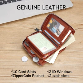 VANNANBA Mens Genuine Leather Zipper Wallet RFID Blocking Bifold Zip Around Wallets Multi Credit Card Holder with Coin Pocket & Bill Compartment, Dark Brown, Retro
