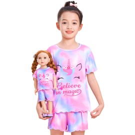 ICOSY Matching Doll & Girls Pajamas Set 2 PCS Kids Pajamas Top and Shorts for American 18" Doll Girl Clothes Blue Pink