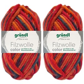 2 x 50 g Gründl Felt Wool Colour Made from 100% Pure Virgin Wool Including Instructions for Pot Holders (21 Red Orange Black Multicolour)