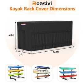 Roasivi Kayak Rack Cover 12.1'L x 3'W x 4.6'H Black Comprehensive Protection, Suitable for 2-4 Levels Freestanding Kayak Racks, for Garage/Outdoor, Durable & Tear-Resistant