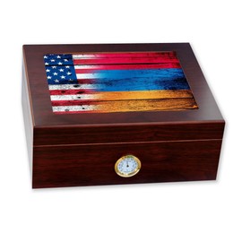 ExpressItBest Premium Desktop Humidor - Glass Top - Flag of Armenia (Armenian) - Wood with USA Flag - Cedar lined with humidifier & front mounted hygrometer.