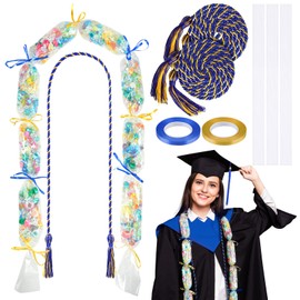 Teling 8 Pcs Graduation Leis Candy Graduation Candy Lei Kit Candy Lei Tubing Lei Making Kit 4.92 Feet Long PE Bag with 3 Pcs Honor Cord and 2 Rolls Ribbon for 2024 Party Supplies(Blue, Yellow)
