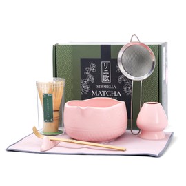 Strabella 7-Piece Matcha Whisk Set – Ceramic Bowl with Spout, Bamboo Whisk & Holder, Scoop, Sifter, Tea Towel – Complete Ceremonial Tea Kit (Pink)