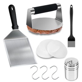 Qcdou Burger Press Kit, Smash Burger Press, Flat Top Griddle Accessories Kit, with Smash Burger Press, Stainless Steel Grill Spatula, 100 Wax Discs, Spice Bottle, BBQ Kit for Burger(6pcs)