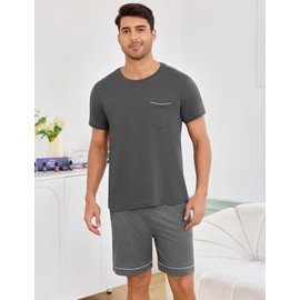 Crewhpo Men's Short Cotton Two-Piece Pyjamas Short Sleeve with Crew Neck Pyjamas Men in Contrast Colour Sleepwear Loungewear Summer, darkgray, XXL