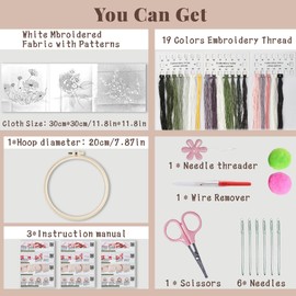 Aucuu 3 Flower Pattern Sets, Hand Embroidery Kit, Embroidery Starter Kits, Includes 3 Patterned Embroidery Cloths, Threads, 3 Paper Instructions, 6 Needles,1 Hoop,other accessories and Video tutorials