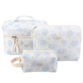 Juoxeepy Quilted Makeup Bag Floral Cotton Cosmetic Bag Jolly House Toiletry Bag Coquette Aesthetic Makeup Bag Cosmetic, C01--3pcs set-blue floral