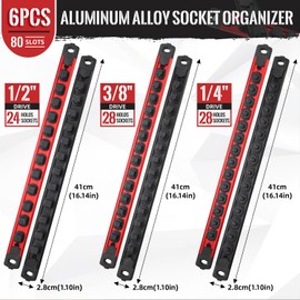 Reniteco Magnetic Socket Organizer, 6-Piece Heavty Duty Aluminum Socket Holder, Socket Rail for Tool Box, Premium Quality 360° Swivel Socket Rack Kit with 80 Clips for 1/2, 3/8, 1/4-Inch(Red&Black)