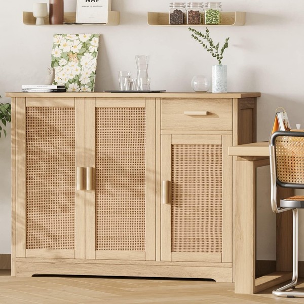 Irontar Kitchen Storage Cabinet, Sideboard Buffet Cabinet with Rattan Decorated