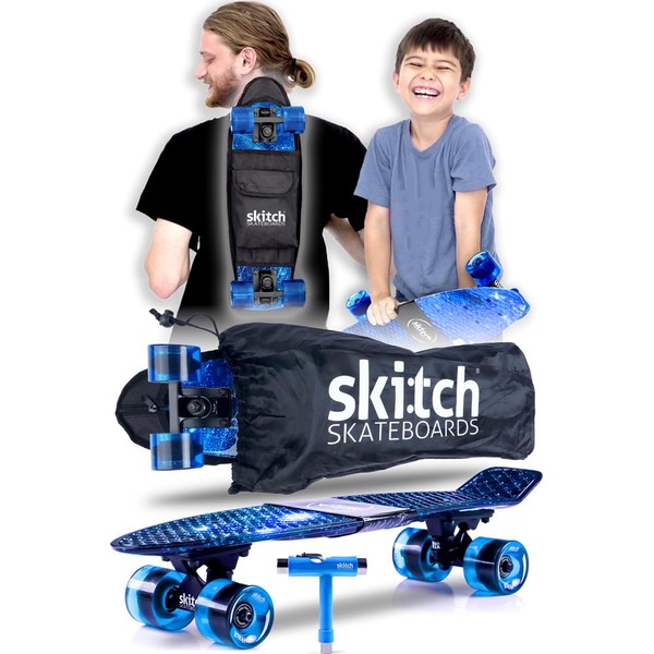 SKITCH Complete Skateboards for Kids Ages 6-12 Beginners Boys Year Old Children Youth Teens Gift Set 22 Inch Penny Board Mini Cruiser ABEC 9 Bearings Skateboard Backpack Bag Skate Tool (Blue Galaxy)