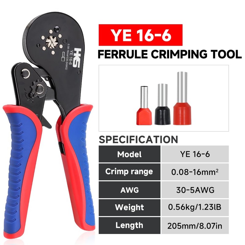 HKS Ferrule Crimping Tool AWG 30-5, Hexagonal Self-Adjusting Ratchet Crimper