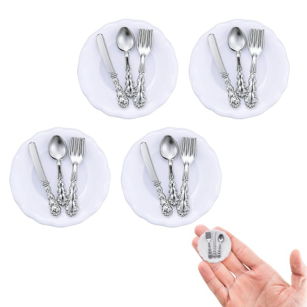 Set of 4 Miniature Plates with 3 Mini Metal Tableware, Dollhouse Kitchen Accessory Set, 1/12 Miniature Plates, Mini Knife, Fork and Spoon. Ideal for Cooking Games for Children or as a Gift for